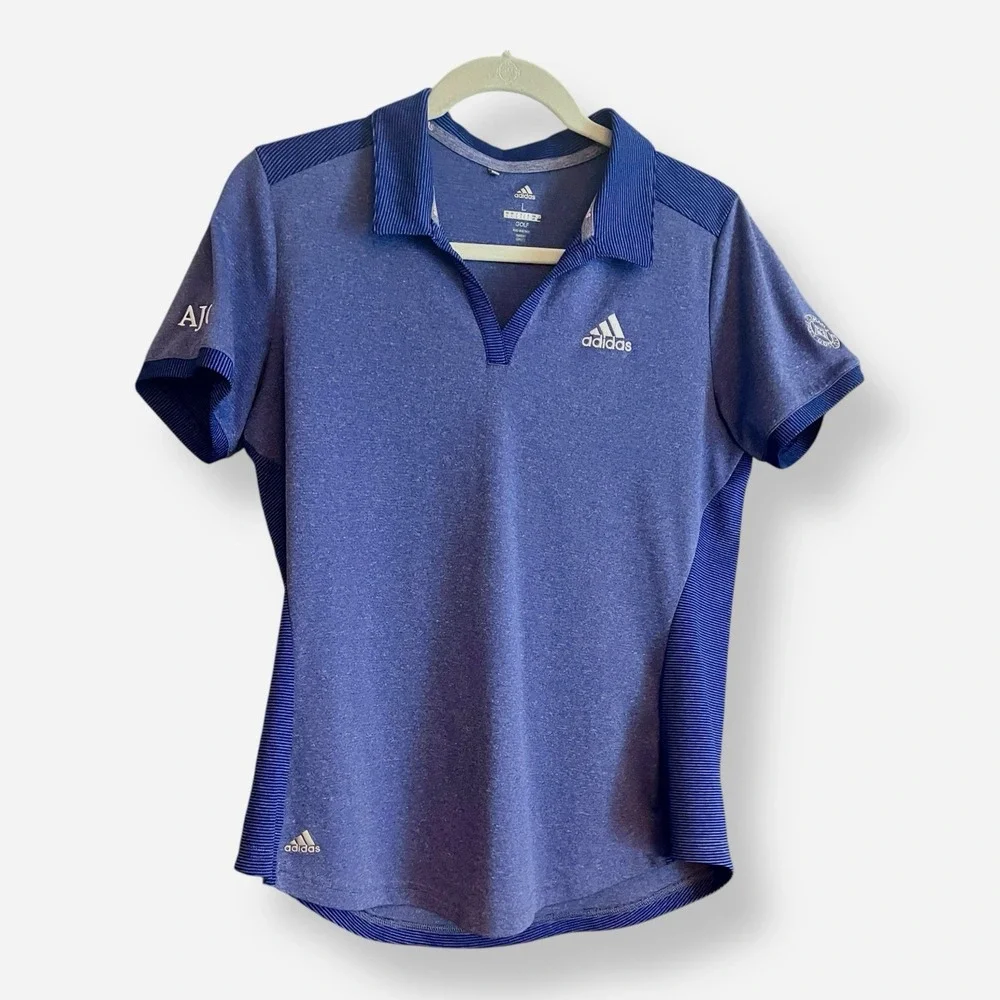 Adidas Mens Polo Shirt Large Blue Golf Polo AJGA‎ Logo Furman Short Sleeve
